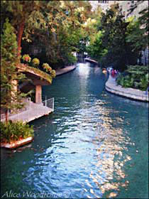 A view of the River Walk from a bridge at street level -- click to see larger version